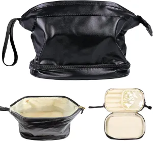 Travel Makeup Bag, Large Capacity Cosmetic Bag, Waterproof PU Leather Makeup Organizer with Bottom Compartment, Toiletry Bag for Gifts Birthday Gifts for Women Girls(Black)