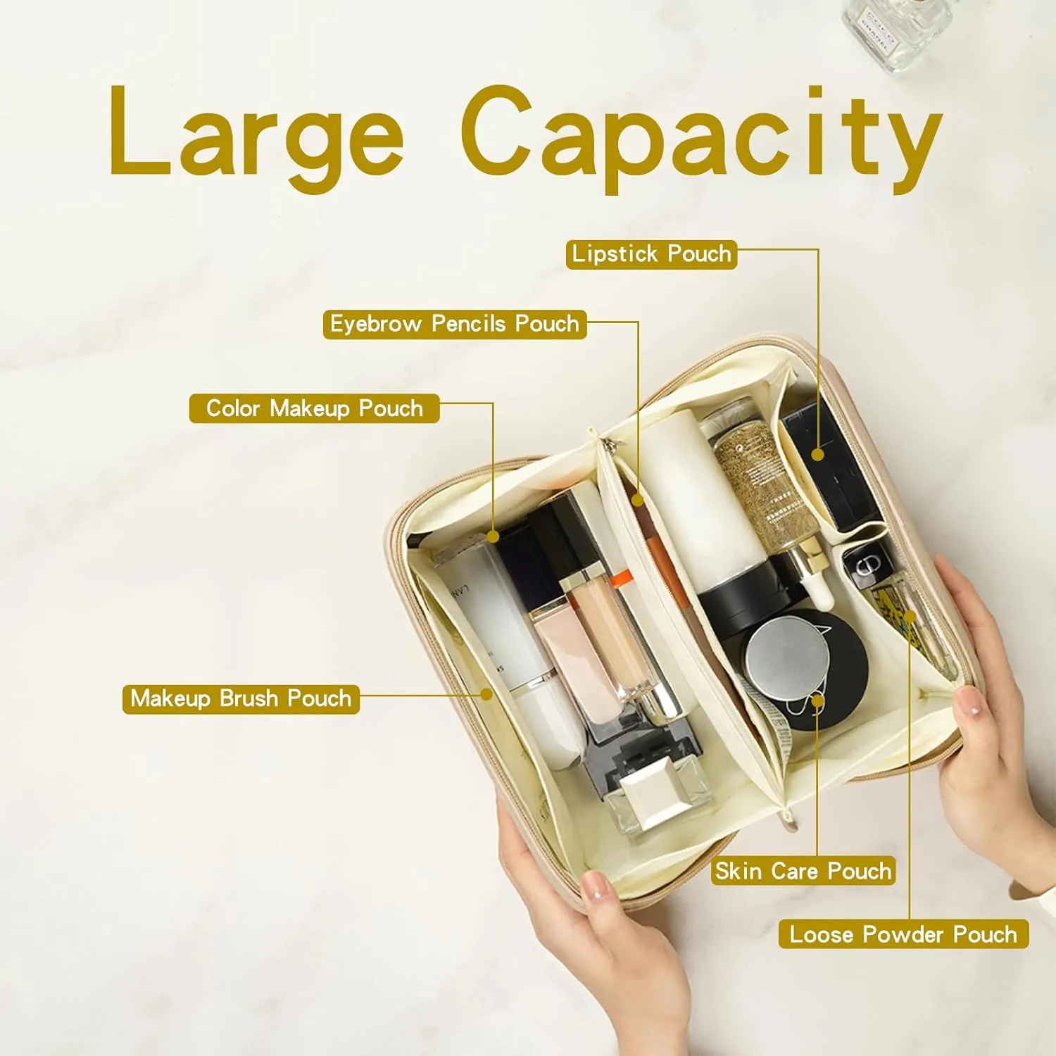 Travel Makeup Bag, Large Capacity Waterproof Cosmetic Bag for Women, Portable Pouch Open Flat Toiletry Bag Make up Organizer with Divider and Handle,Yellow