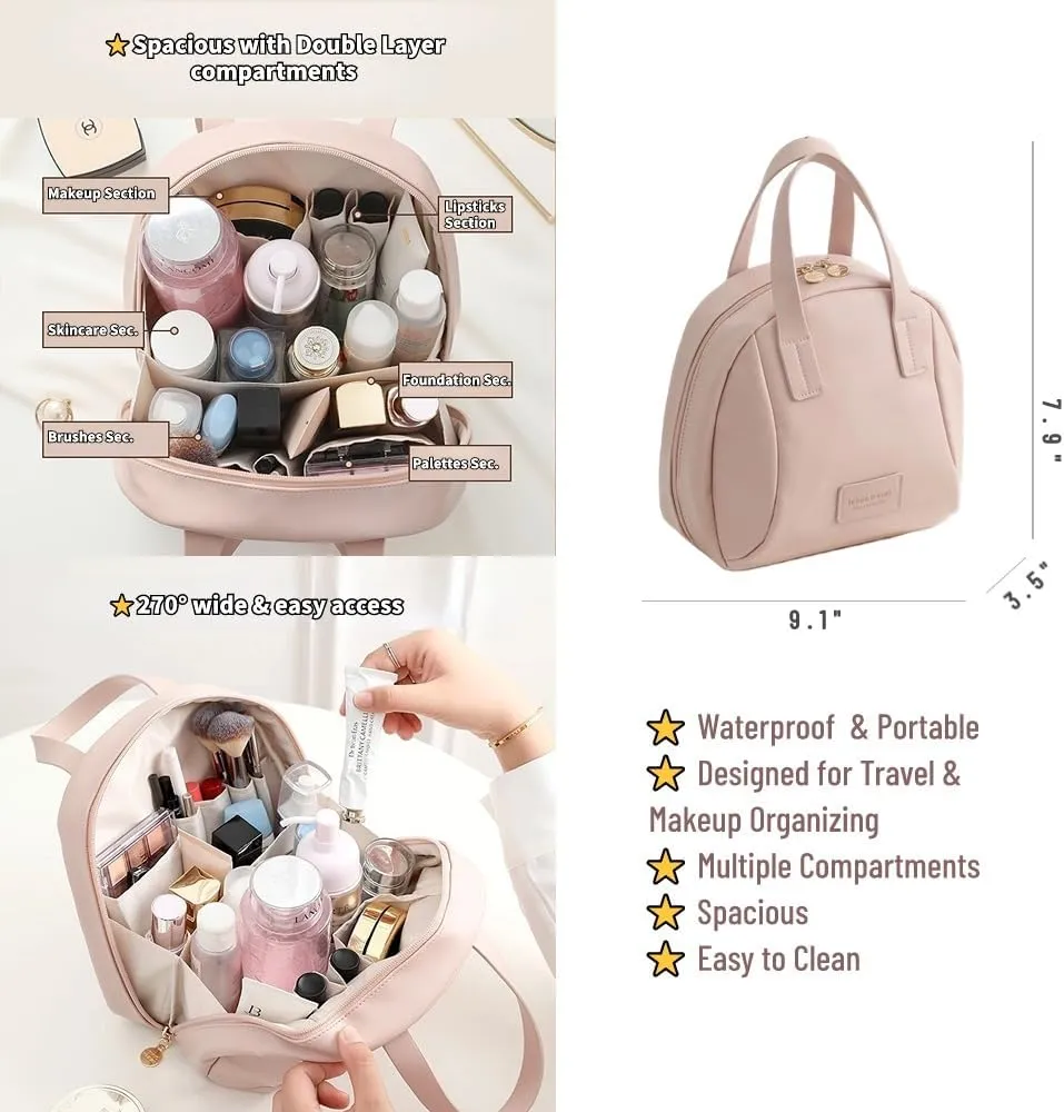 Travel Makeup Bag, Triple Layer Waterproof Toiletry Bag Large Capacity Cosmetic Bag with Handles Dividers, Makeup Organizer Pouch (White)