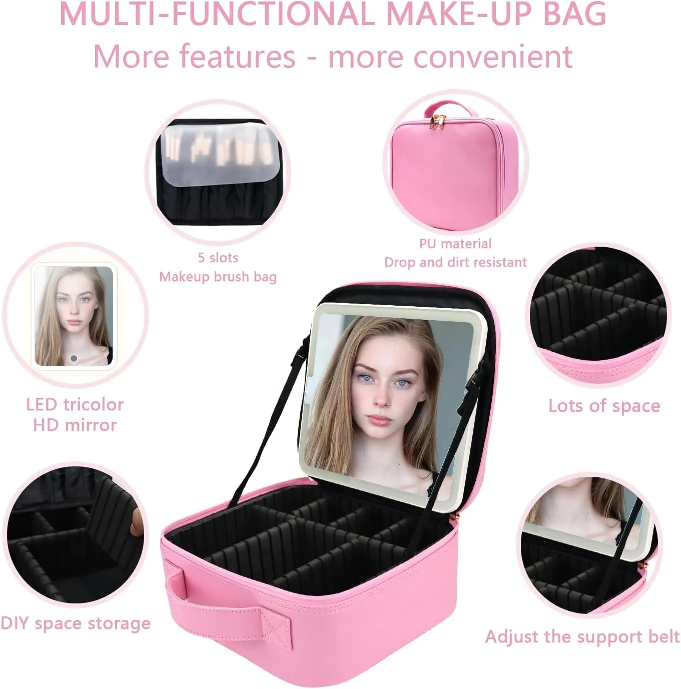 Travel Makeup Bag with LED Mirror and Light Travel Makeup Case Cosmetic Organizer Portable Cosmetic Brush Organizer Bag with Adjustable Dividers for Cosmetics Makeup Brushes Toiletry (Dark Pink)