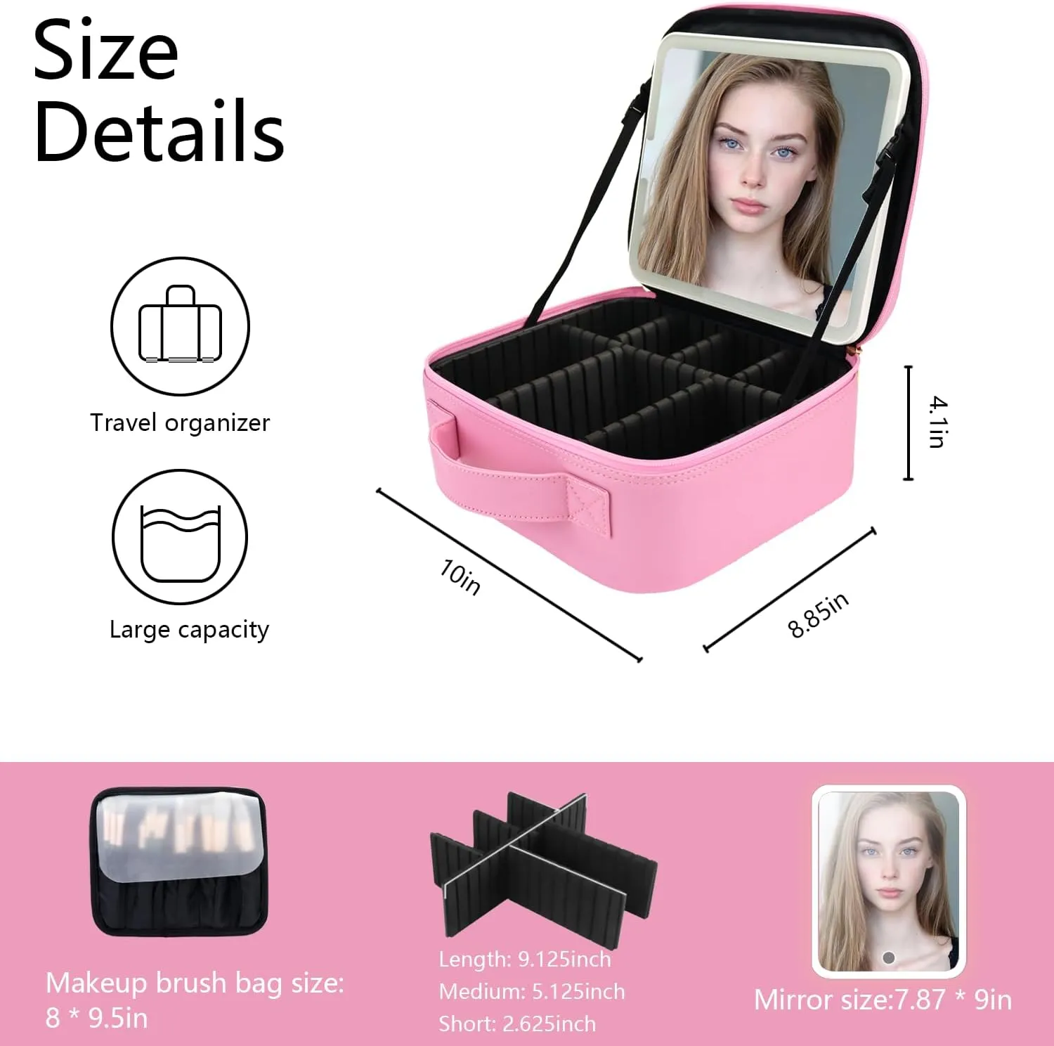 Travel Makeup Bag with LED Mirror and Light Travel Makeup Case Cosmetic Organizer Portable Cosmetic Brush Organizer Bag with Adjustable Dividers for Cosmetics Makeup Brushes Toiletry (Dark Pink)