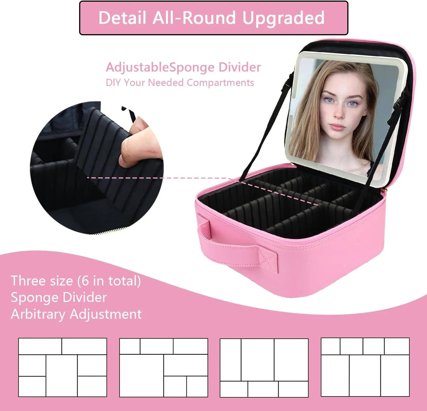 Travel Makeup Bag with LED Mirror and Light Travel Makeup Case Cosmetic Organizer Portable Cosmetic Brush Organizer Bag with Adjustable Dividers for Cosmetics Makeup Brushes Toiletry (Dark Pink)