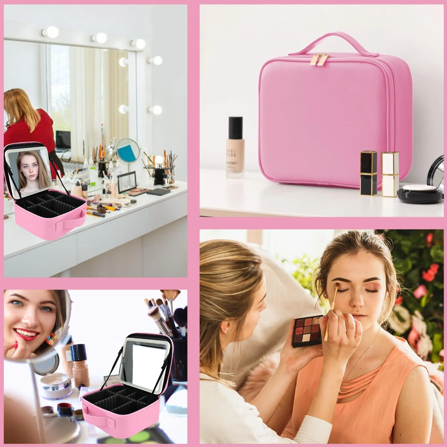 Travel Makeup Bag with LED Mirror and Light Travel Makeup Case Cosmetic Organizer Portable Cosmetic Brush Organizer Bag with Adjustable Dividers for Cosmetics Makeup Brushes Toiletry (Dark Pink)