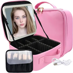 Travel Makeup Bag with LED Mirror and Light Travel Makeup Case Cosmetic Organizer Portable Cosmetic Brush Organizer Bag with Adjustable Dividers for Cosmetics Makeup Brushes Toiletry (Dark Pink)