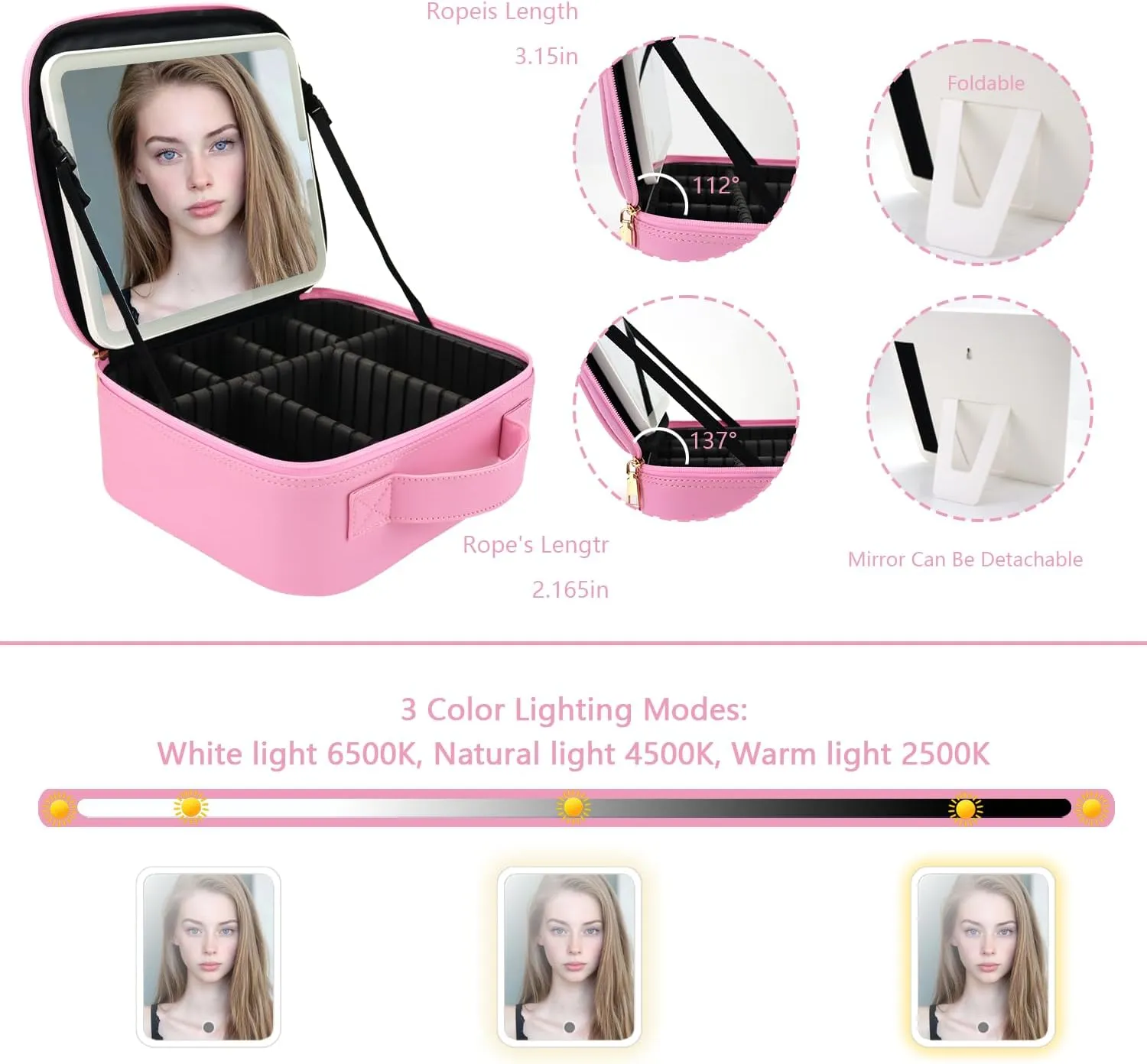 Travel Makeup Bag with LED Mirror and Light Travel Makeup Case Cosmetic Organizer Portable Cosmetic Brush Organizer Bag with Adjustable Dividers for Cosmetics Makeup Brushes Toiletry (Dark Pink)