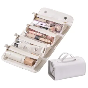 Travel Toiletry Bag 4 Detachable Clear Multi Compartment Hanging Makeup Bag Leather 4 in 1 Roll Up Large Capacity Compact Waterproof Foldable Cosmetic Bag (White)