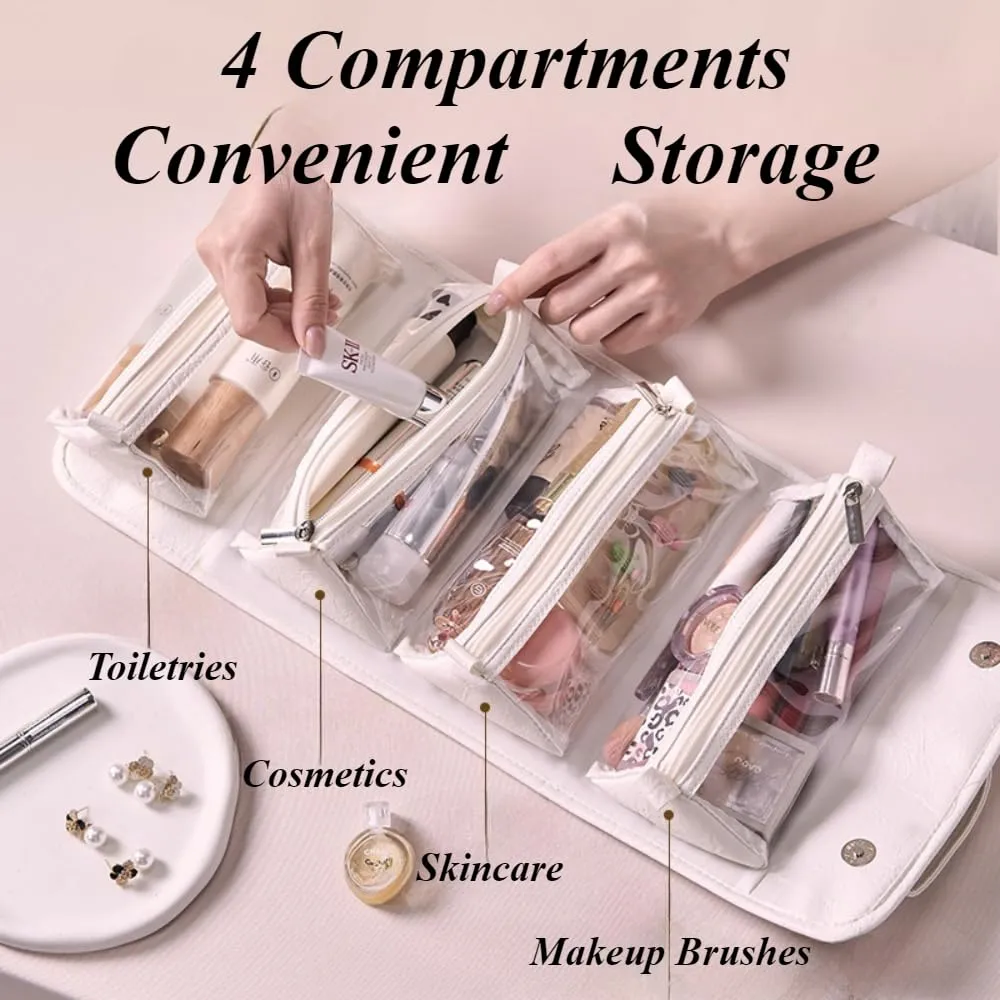 Travel Toiletry Bag 4 Detachable Clear Multi Compartment Hanging Makeup Bag Leather 4 in 1 Roll Up Large Capacity Compact Waterproof Foldable Cosmetic Bag (White)