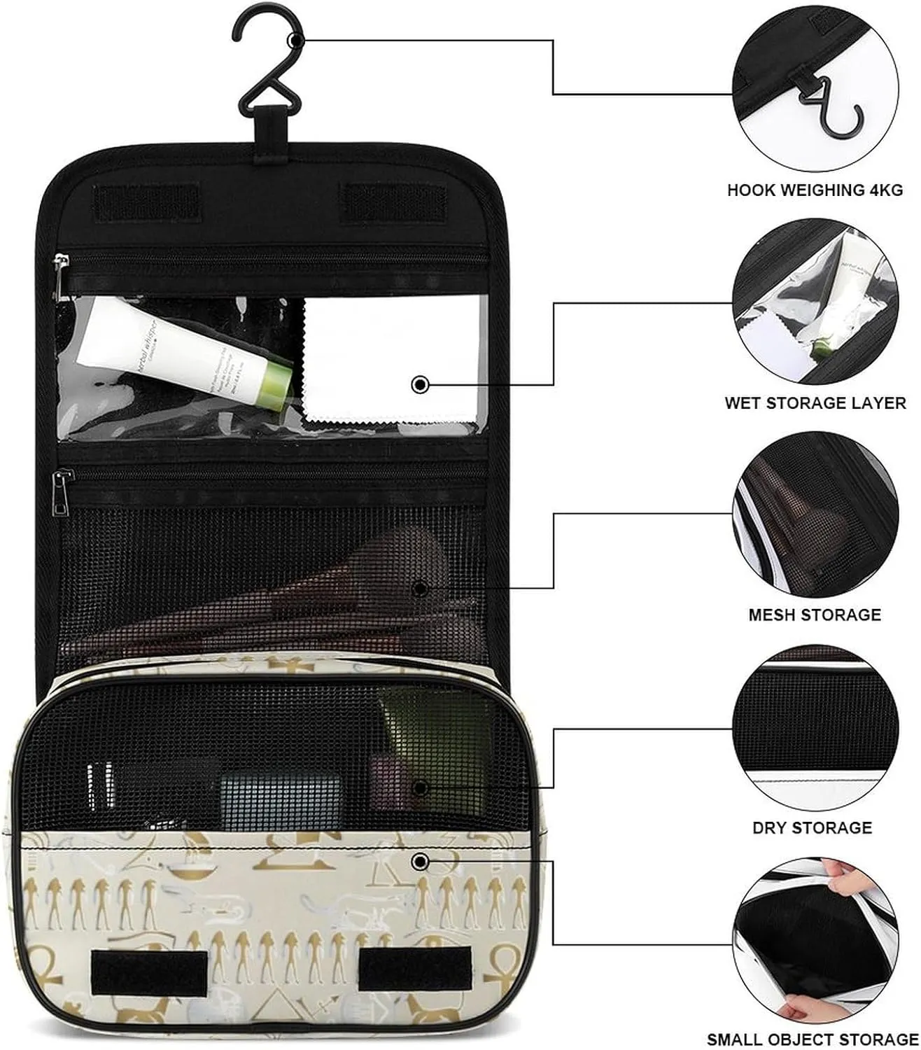 Travel Toiletry Bag for Women, Large Makeup Cosmetic Bags Compatible with Egyptian Pyramids, Hanging Toiletry Bag for Bathroom, with Hanging Hook for Travel Business Trips and Camping