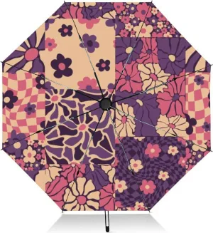 Travel Umbrella for Rain Windproof patchwork retro flowers Summer simple abstract design naive art style Automatic Cute Portable Compact Umbrella for Women Purse Backpack Car Black Sun UV Protection