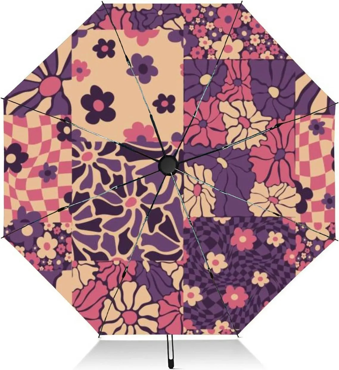 Travel Umbrella for Rain Windproof patchwork retro flowers Summer simple abstract design naive art style Automatic Cute Portable Compact Umbrella for Women Purse Backpack Car Black Sun UV Protection