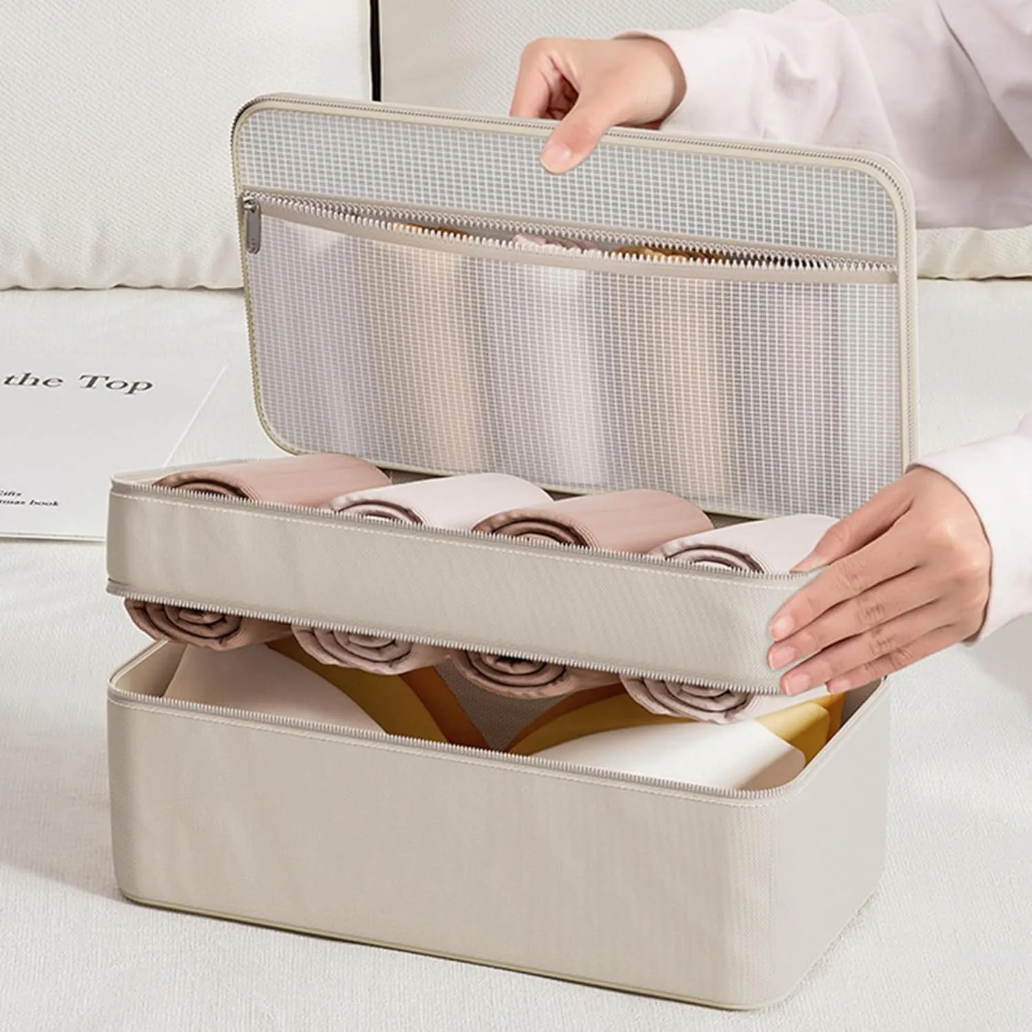 Travel Underwear Organizer Bag Lightweight Double Layer Large Capacity Pack Cube Lingerie Socks Cosmetic Bag,Beige 8#