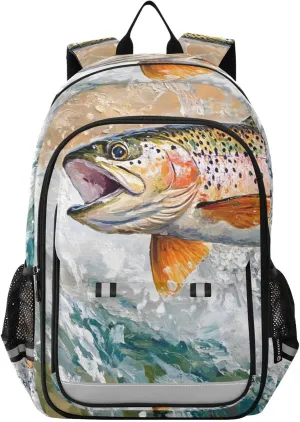 Trout Jump Vintage Backpack Travel Laptop Daypack Shoulder Bag Book Bag Daypack with Reflective Strip 12.9 ×17.7 In