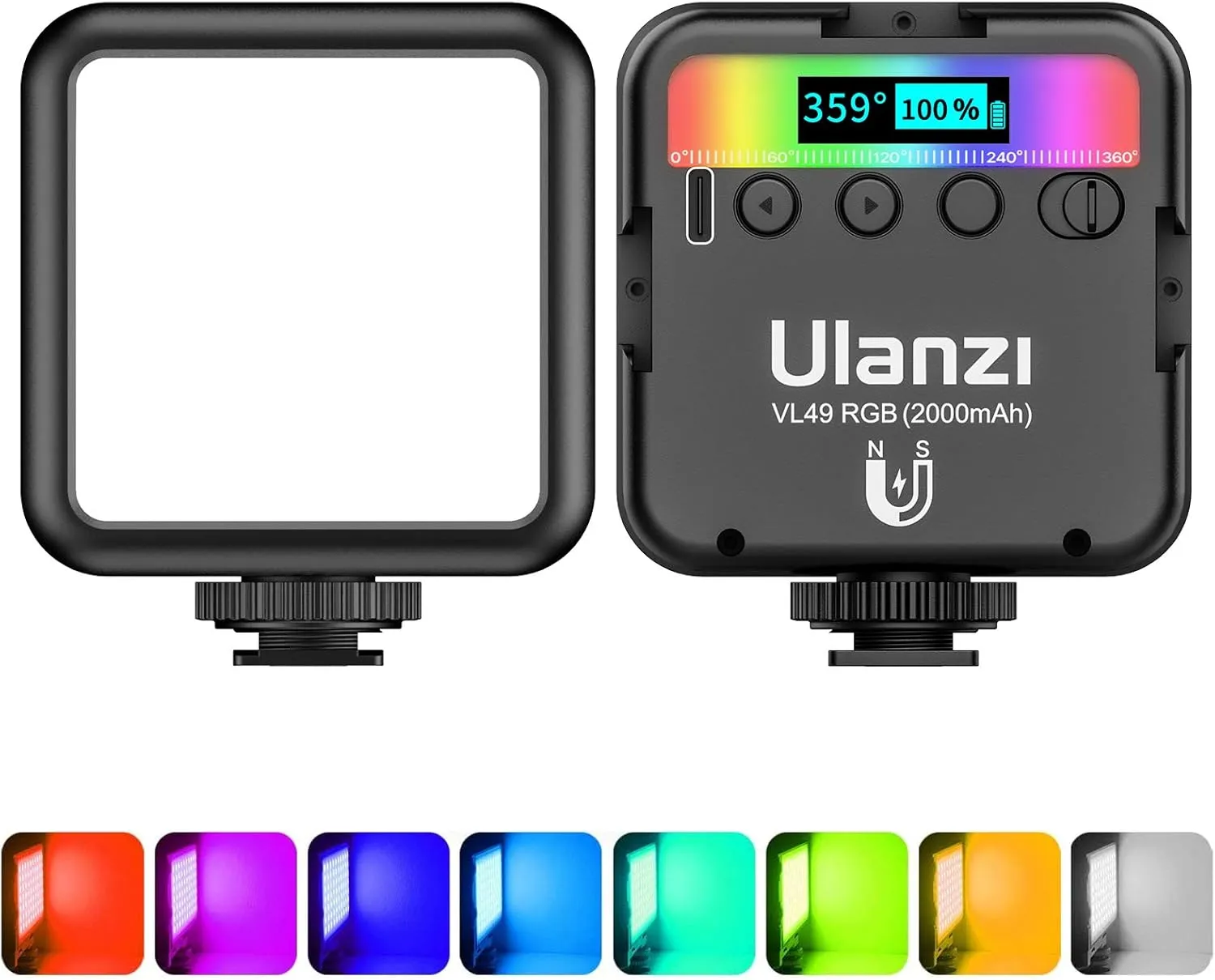ULANZI VL49 RGB Video Lights, LED Camera Light 360° Full Color Portable Photography Lighting w 3 Cold Shoe, 2000mAh Rechargeable CRI 95  2500-9000K Dimmable Panel Lamp Support Magnetic Attraction