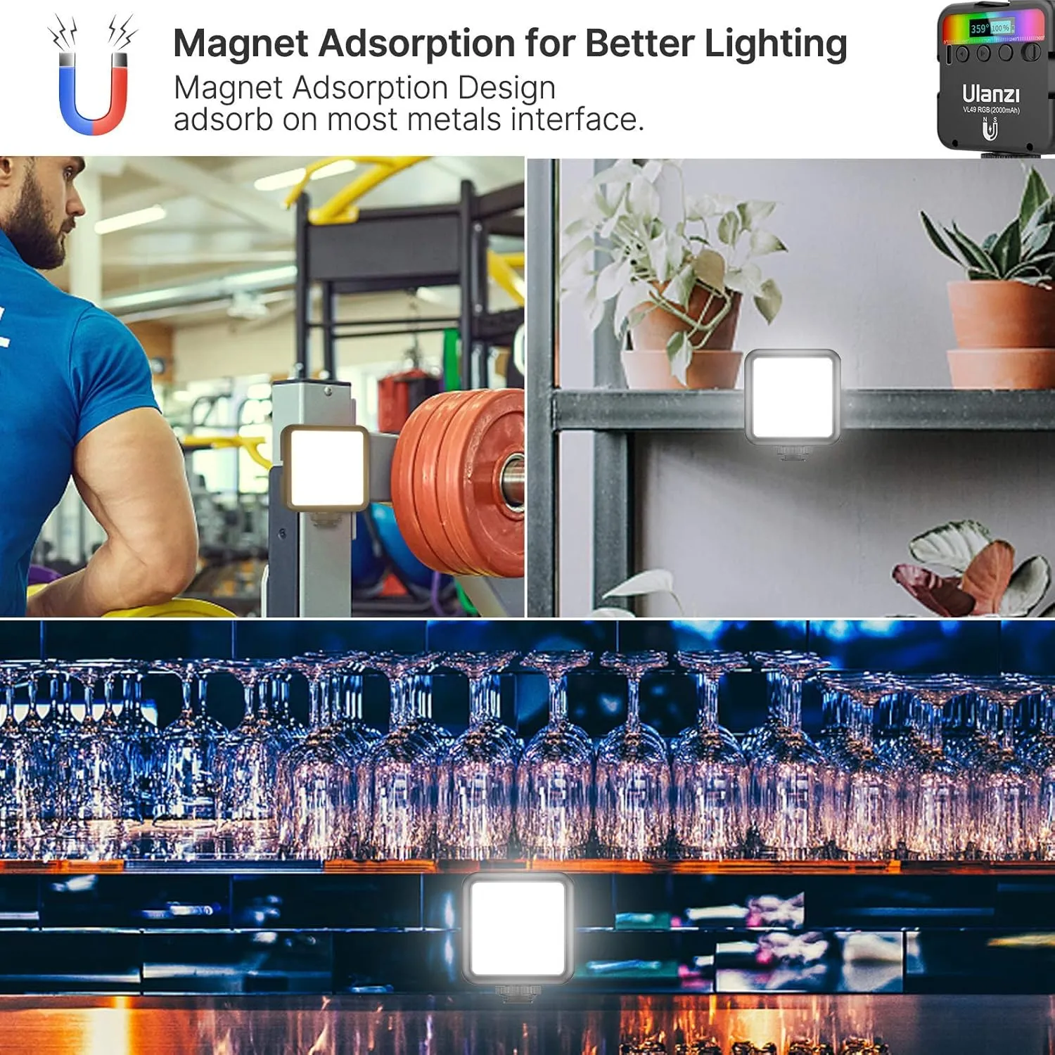 ULANZI VL49 RGB Video Lights, LED Camera Light 360° Full Color Portable Photography Lighting w 3 Cold Shoe, 2000mAh Rechargeable CRI 95  2500-9000K Dimmable Panel Lamp Support Magnetic Attraction