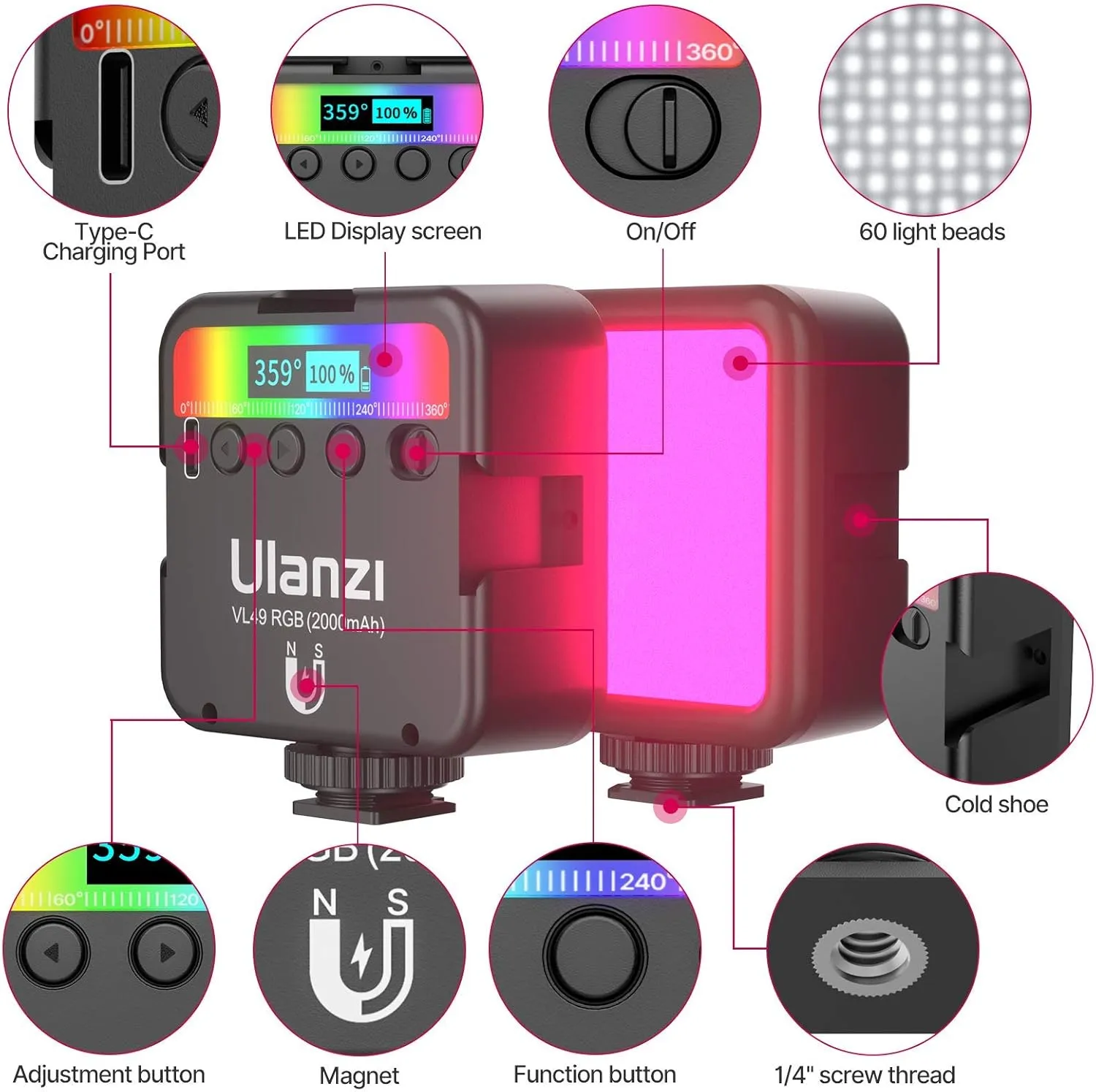 ULANZI VL49 RGB Video Lights, LED Camera Light 360° Full Color Portable Photography Lighting w 3 Cold Shoe, 2000mAh Rechargeable CRI 95  2500-9000K Dimmable Panel Lamp Support Magnetic Attraction