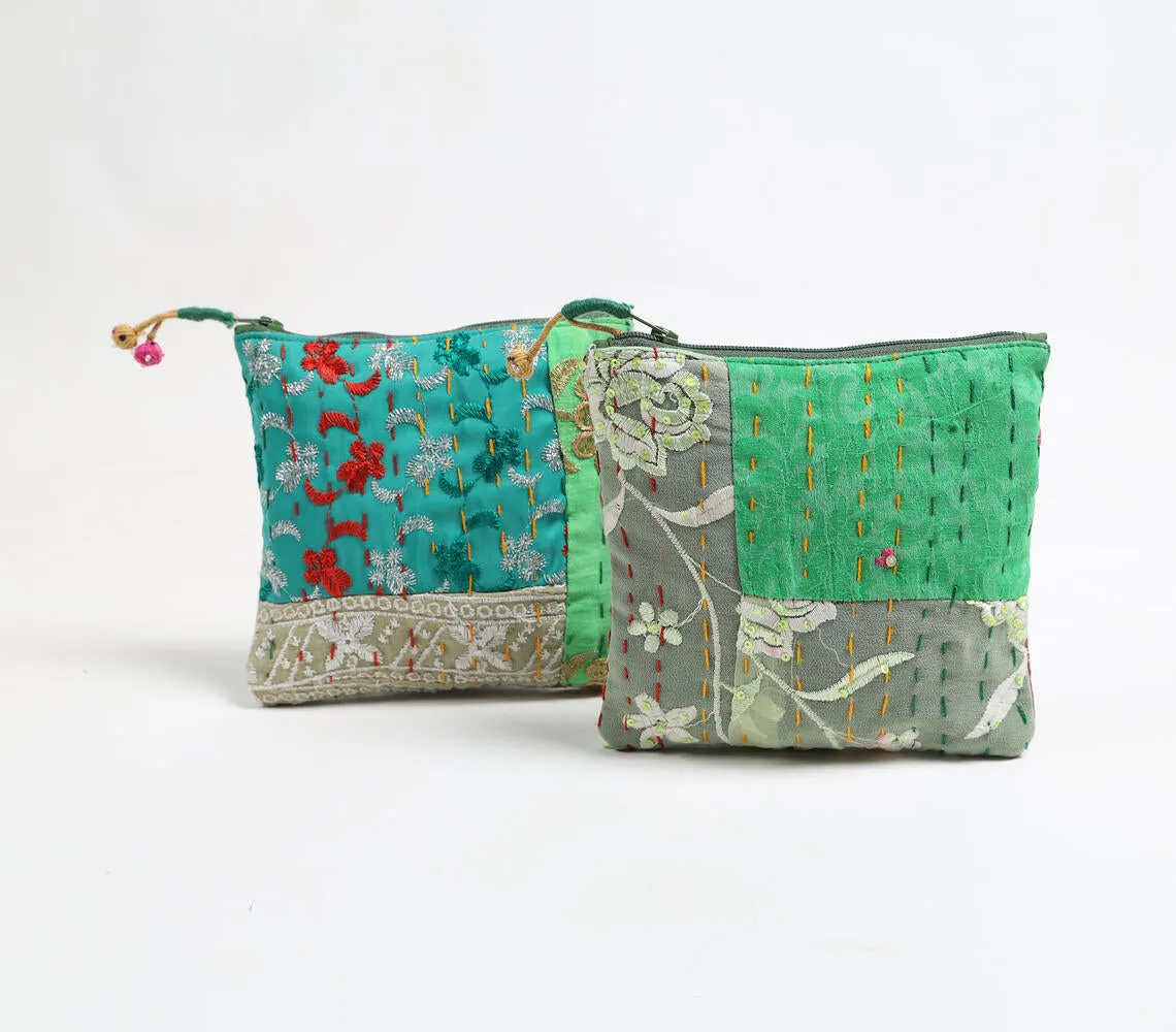 Upcycled Fabric Patchwork Pouches with Kantha Embroidery (set of 2)_2