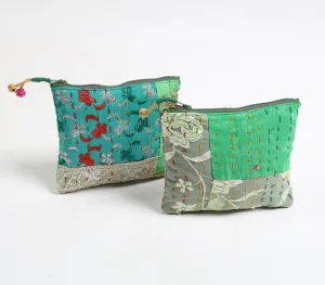 Upcycled Fabric Patchwork Pouches with Kantha Embroidery (set of 2)_2