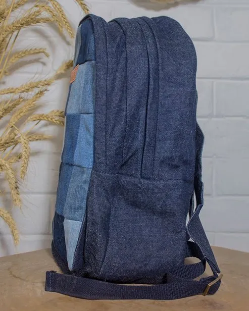 Upcycled Handcrafted Blue Random Denim & Felt Travel Backpack
