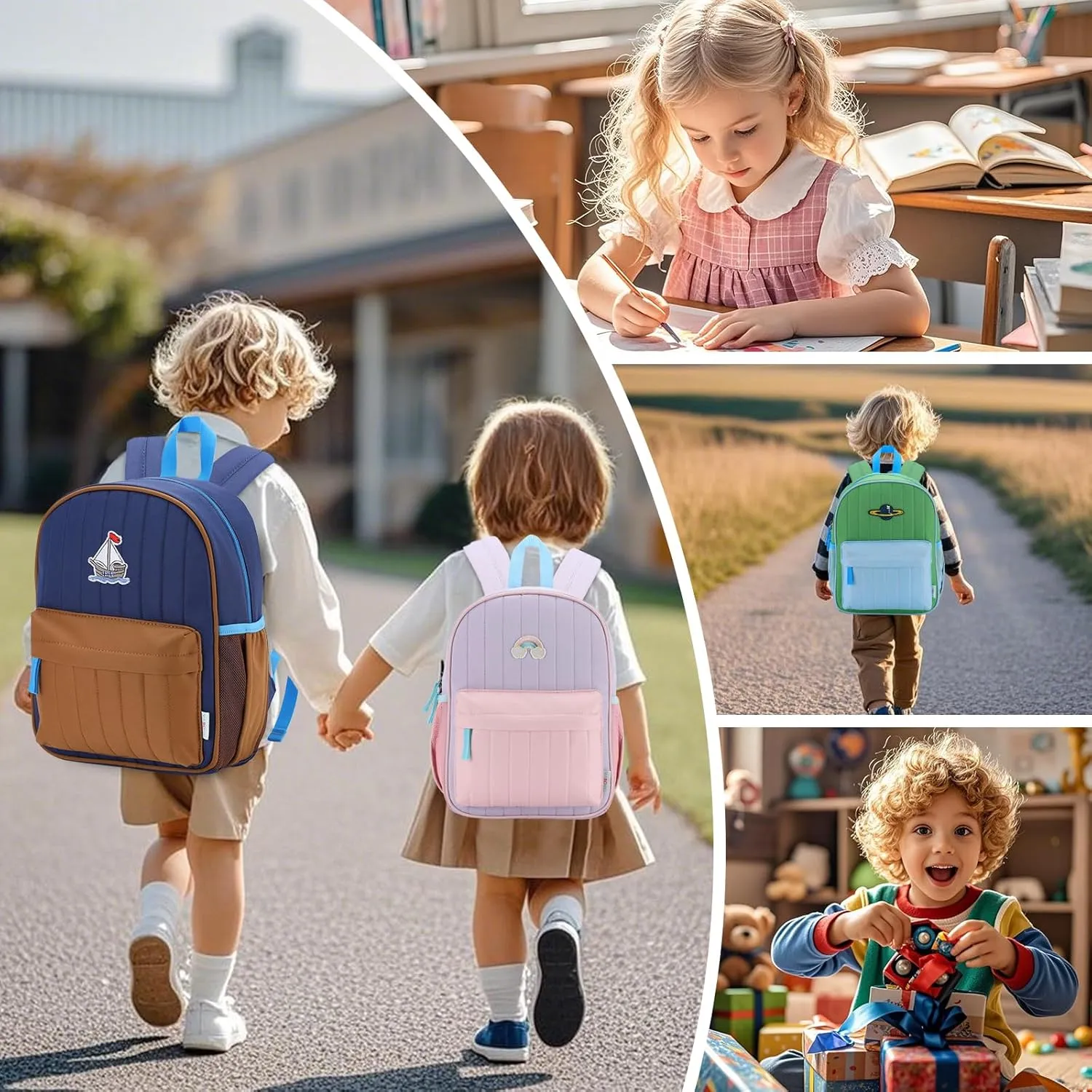 VASCHY Kids Backpack for Boys, Lightweight Quilted Color-blocked Bookbag Preschool Backpack for Kindergarten Children Navy Brown