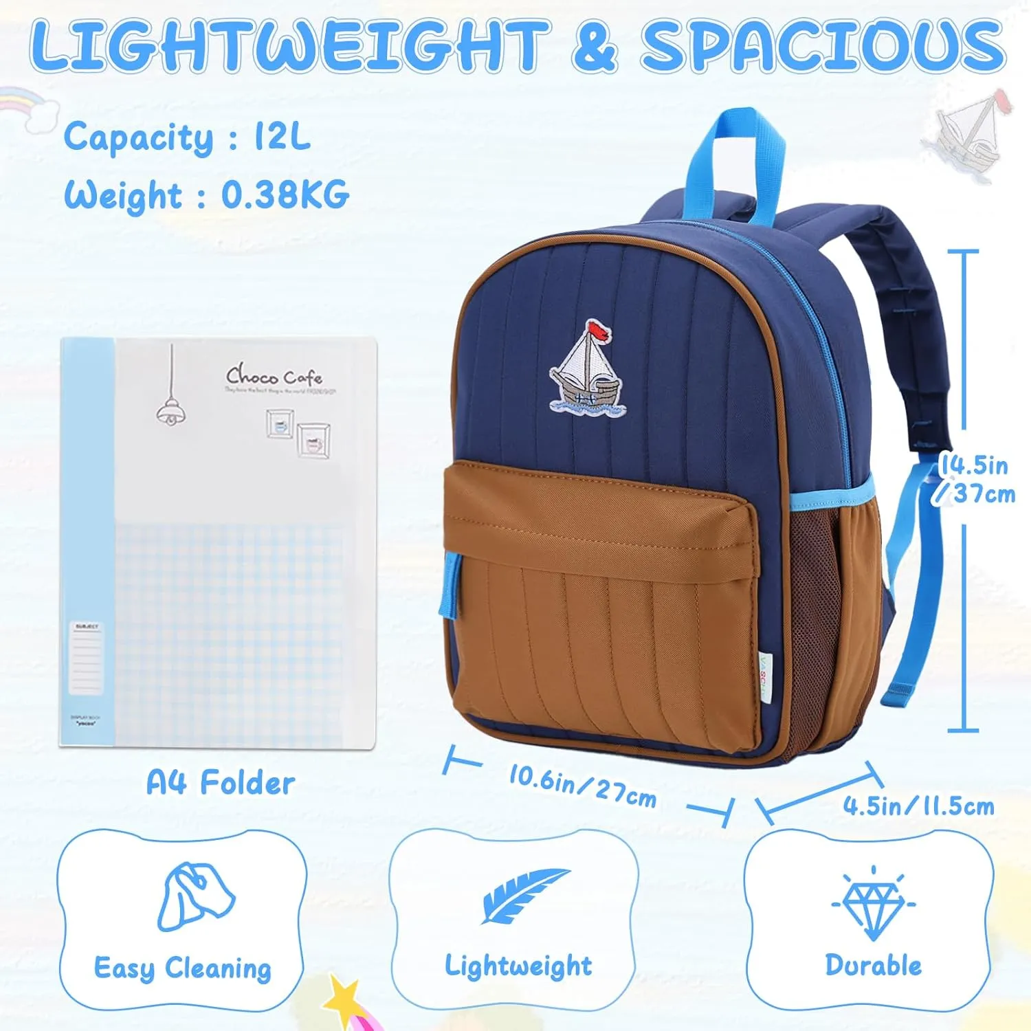 VASCHY Kids Backpack for Boys, Lightweight Quilted Color-blocked Bookbag Preschool Backpack for Kindergarten Children Navy Brown
