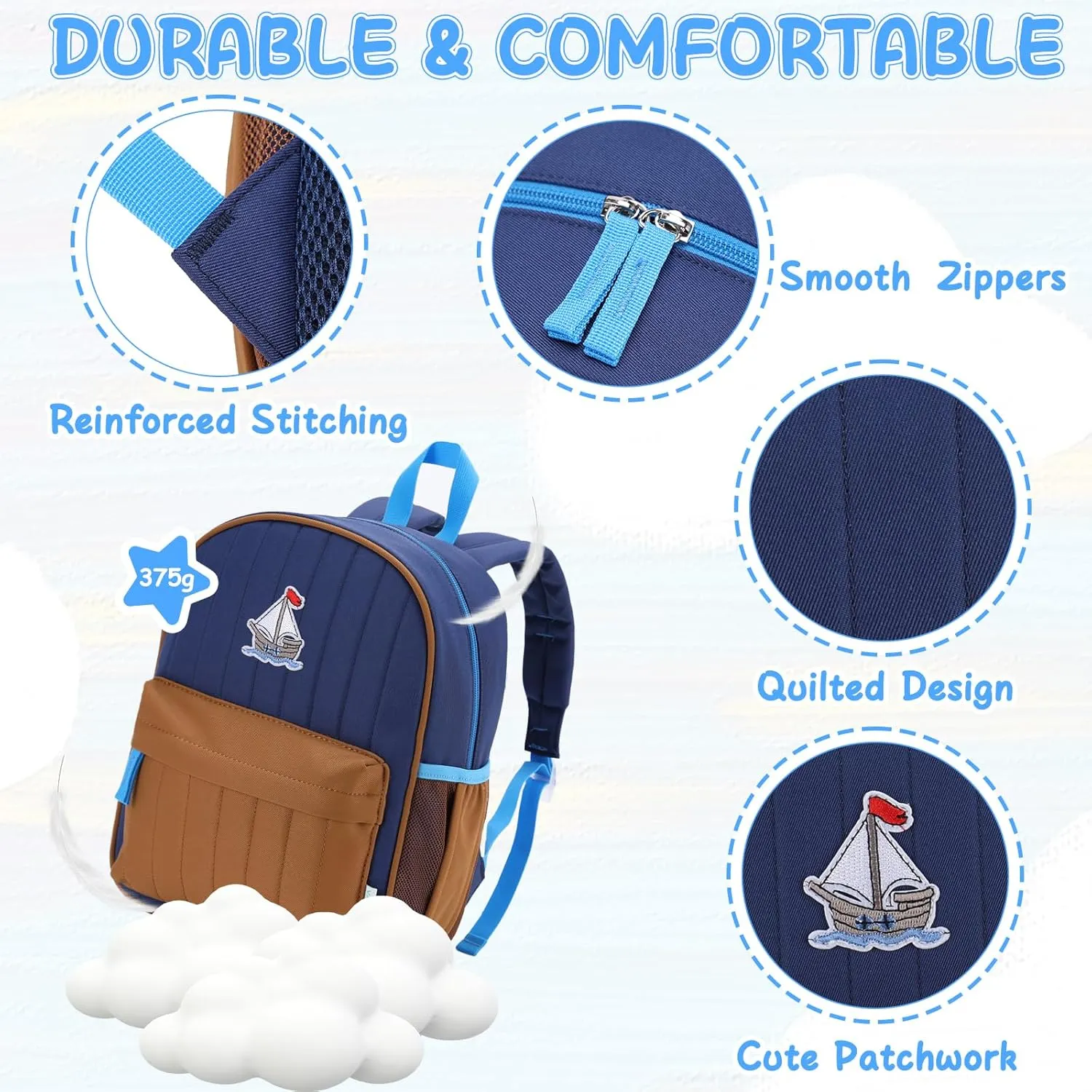 VASCHY Kids Backpack for Boys, Lightweight Quilted Color-blocked Bookbag Preschool Backpack for Kindergarten Children Navy Brown