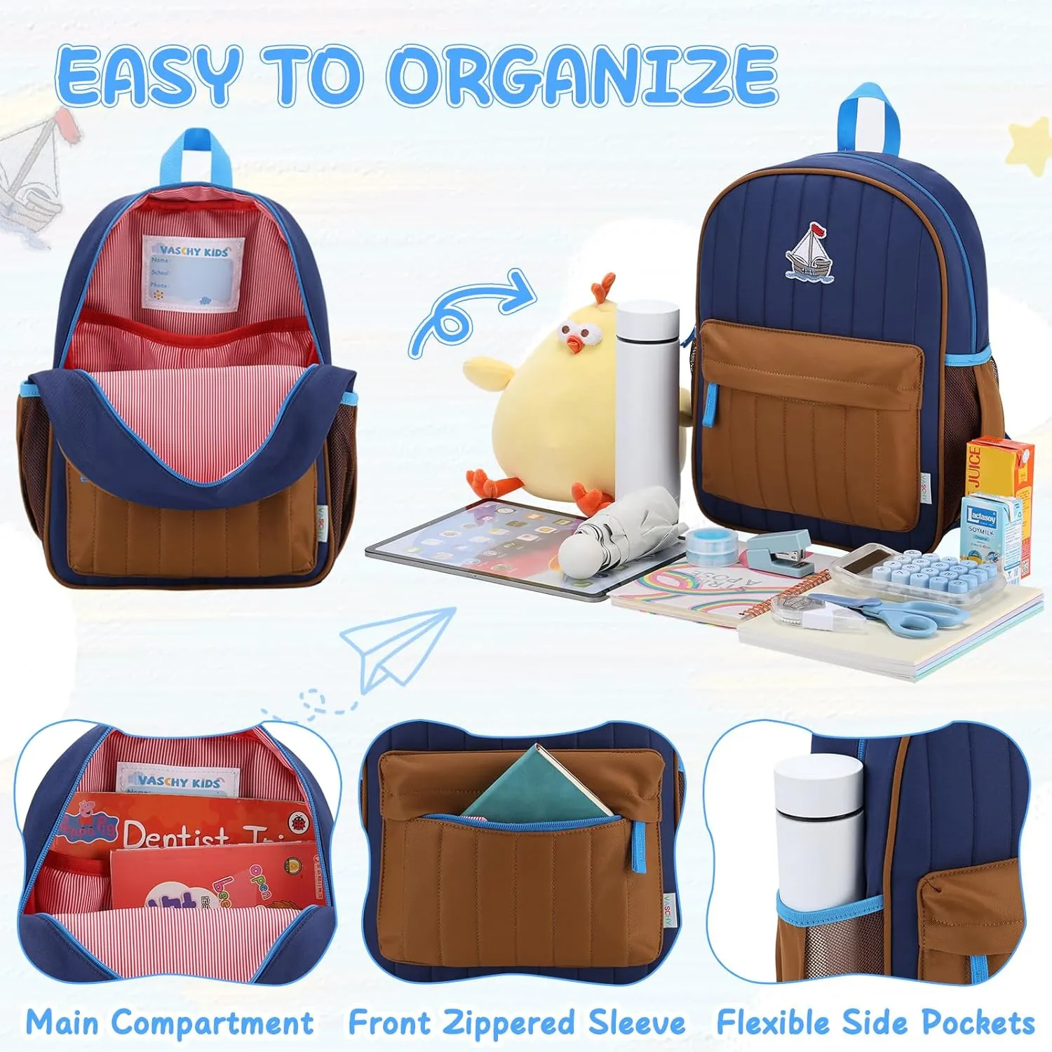 VASCHY Kids Backpack for Boys, Lightweight Quilted Color-blocked Bookbag Preschool Backpack for Kindergarten Children Navy Brown