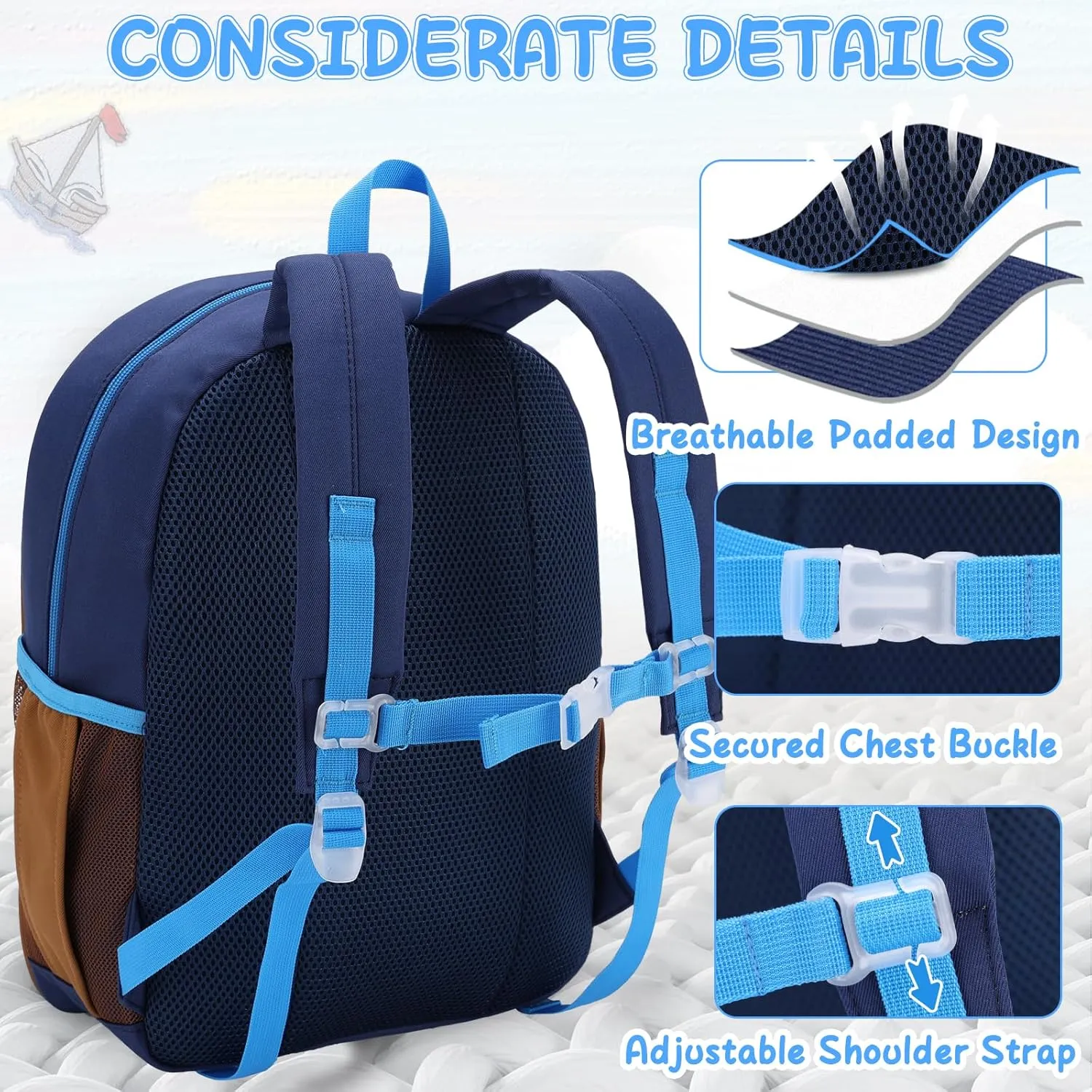 VASCHY Kids Backpack for Boys, Lightweight Quilted Color-blocked Bookbag Preschool Backpack for Kindergarten Children Navy Brown
