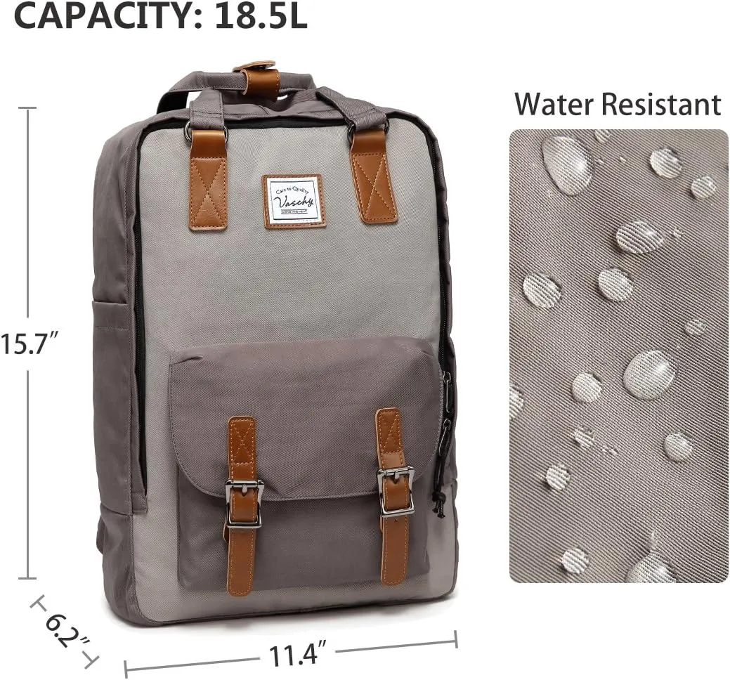 VASCHY School Backpack for Men and Women, Unisex Vintage Water Resistant Casual Daypack Rucksack Bookbag for College Fits 15inch Laptop Backpack Gray