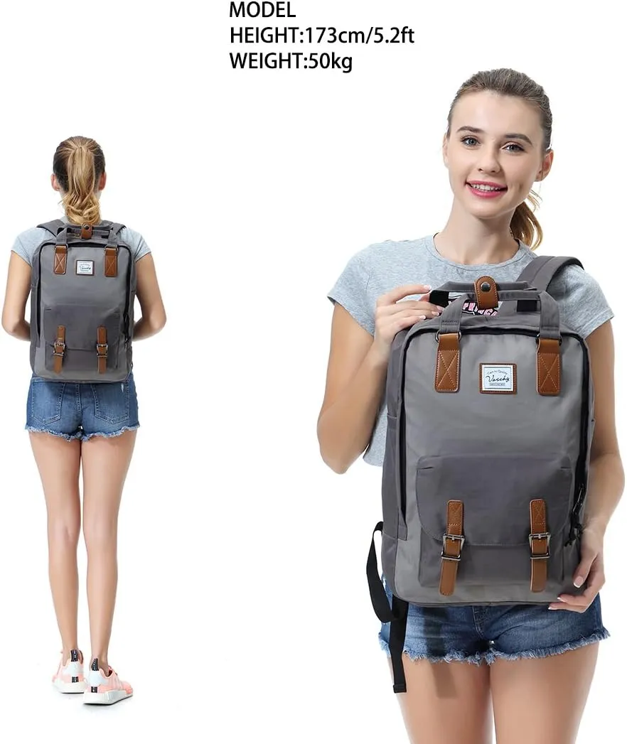 VASCHY School Backpack for Men and Women, Unisex Vintage Water Resistant Casual Daypack Rucksack Bookbag for College Fits 15inch Laptop Backpack Gray