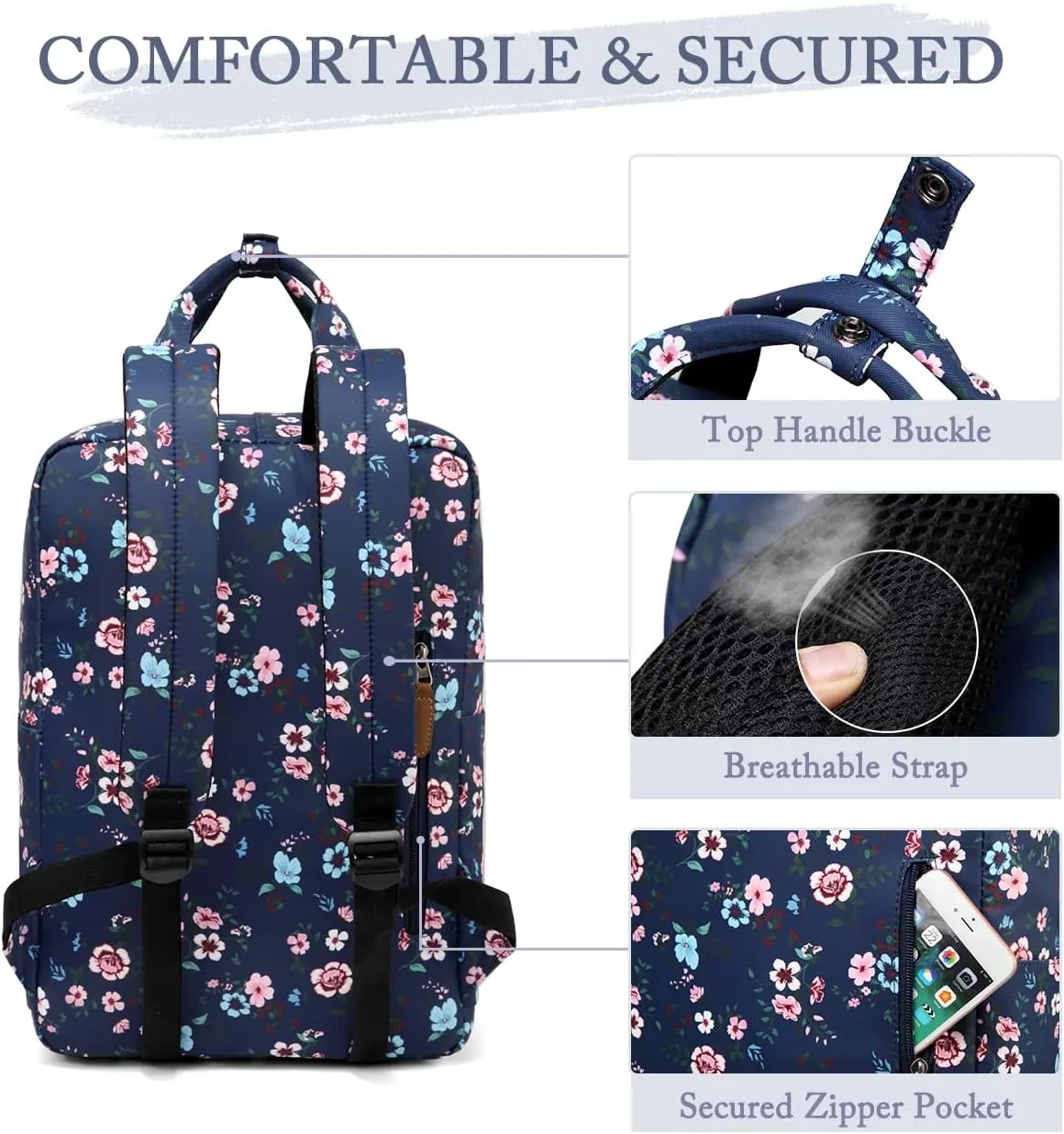 VASCHY School Backpack for Women/Teen Girls, Travel Backpack Water Resistant College High School Computer Bag Student Bookbag, Blossom Flowers