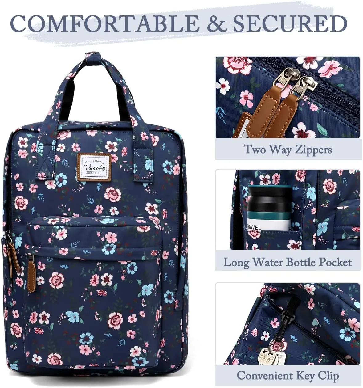 VASCHY School Backpack for Women/Teen Girls, Travel Backpack Water Resistant College High School Computer Bag Student Bookbag, Blossom Flowers