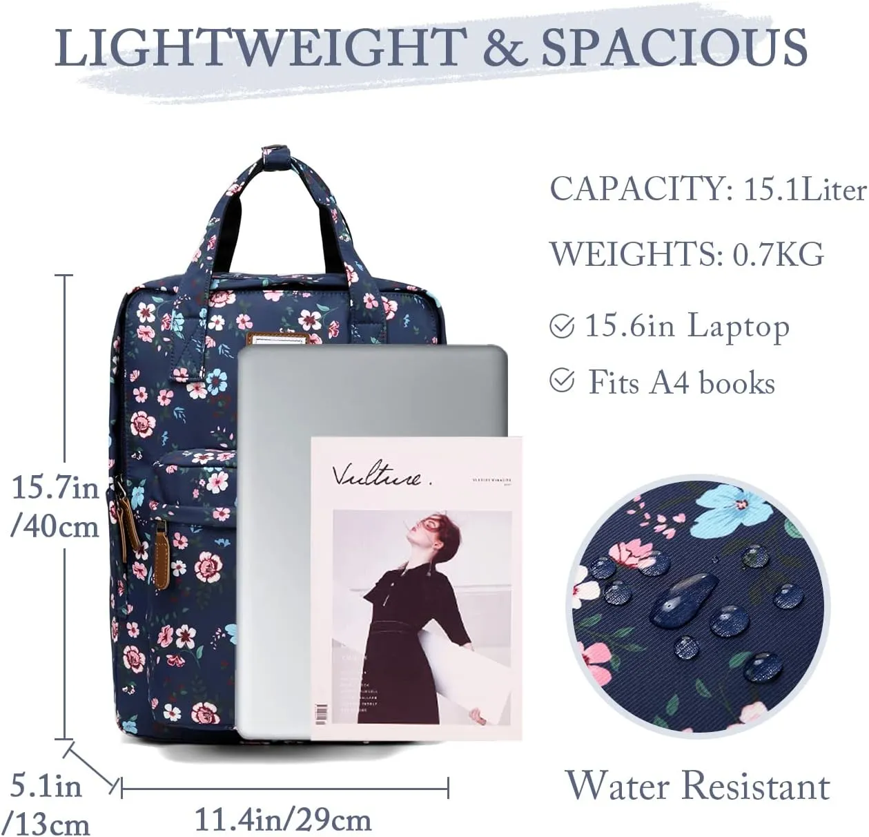 VASCHY School Backpack for Women/Teen Girls, Travel Backpack Water Resistant College High School Computer Bag Student Bookbag, Blossom Flowers
