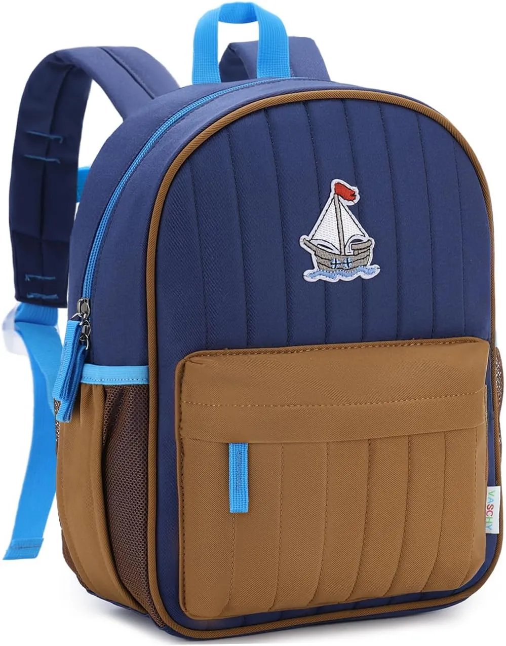 VASCHY Toddler Boys Backpack, Kids' Small Lightweight Quilted Color-blocked Bookbag School Backpack for Kindergarten Children Navy Brown