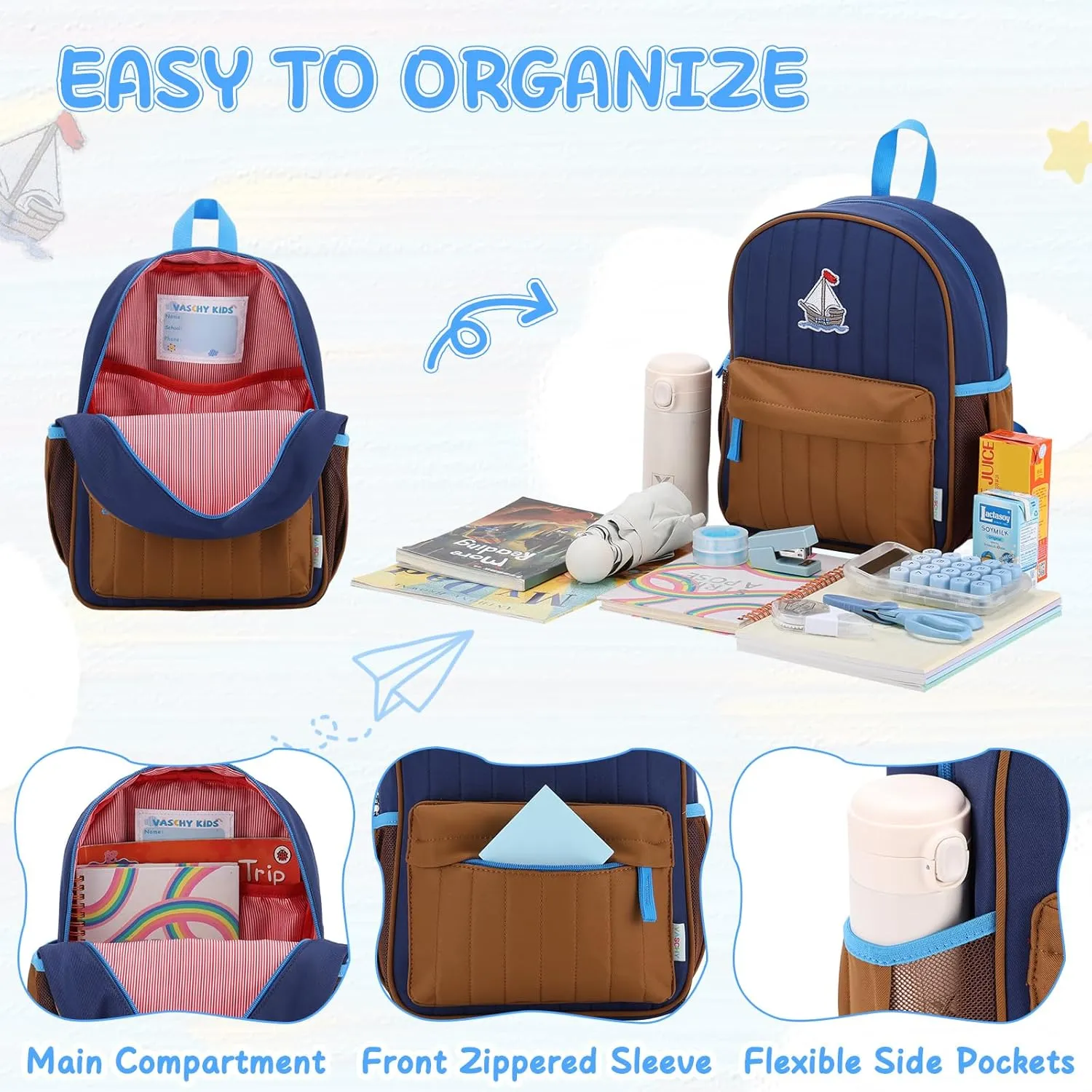 VASCHY Toddler Boys Backpack, Kids' Small Lightweight Quilted Color-blocked Bookbag School Backpack for Kindergarten Children Navy Brown