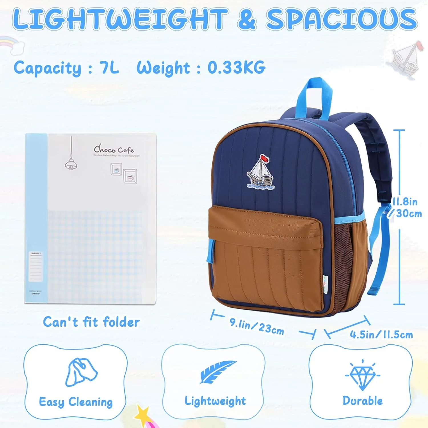 VASCHY Toddler Boys Backpack, Kids' Small Lightweight Quilted Color-blocked Bookbag School Backpack for Kindergarten Children Navy Brown