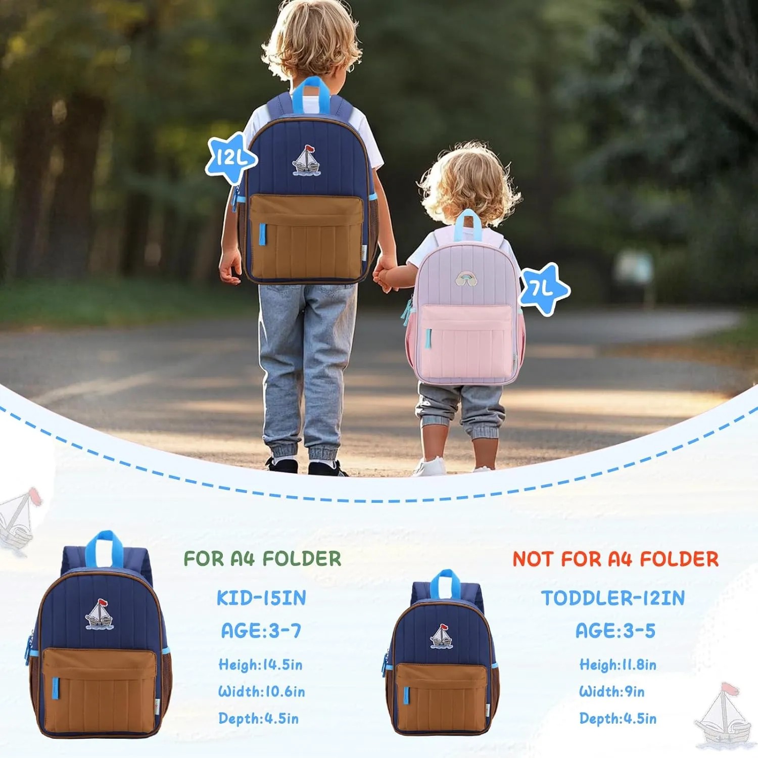 VASCHY Toddler Boys Backpack, Kids' Small Lightweight Quilted Color-blocked Bookbag School Backpack for Kindergarten Children Navy Brown