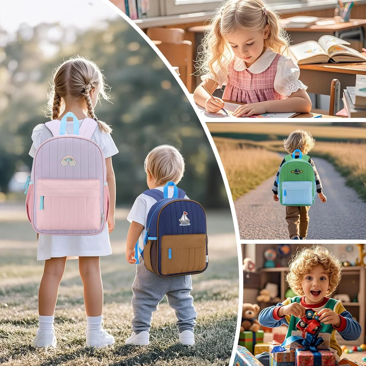 VASCHY Toddler Boys Backpack, Kids' Small Lightweight Quilted Color-blocked Bookbag School Backpack for Kindergarten Children Navy Brown
