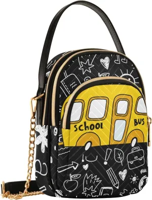 Vehicle Cell Phone Purse Yellow School Bus Black White Crossbody Handbag Durable Shoulder Bag Sturdy Travel Pouch Compact Chic Bag for Women Girlfriend Wife Xmas New Year Gift