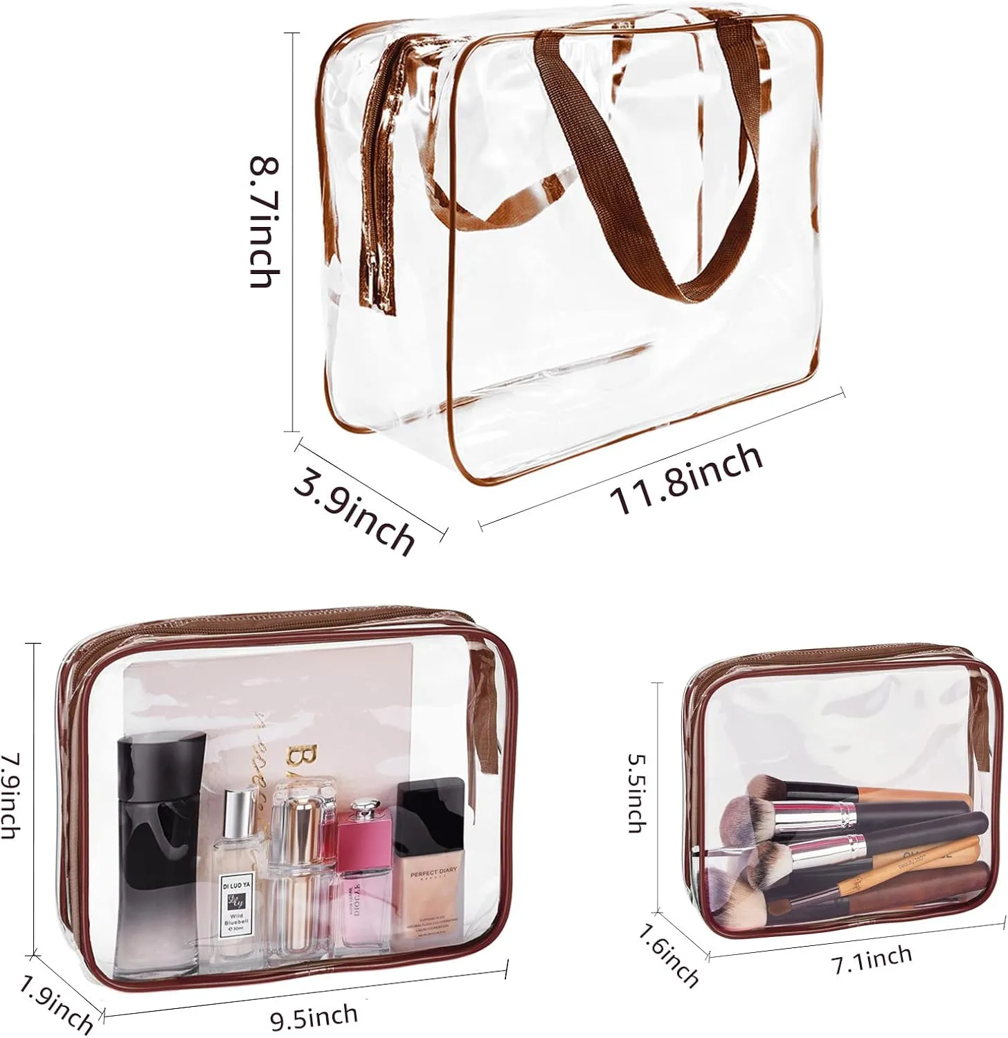 vidsel 3pcs Crystal Clear Toiletry Bag, TSA Approved Travel Bag PVC Bag, Travel Beach Essentials Accessories Cosmetic Makeup Bags Set Carry on Airport Airline Compliant Bag Luggage Pouch Women