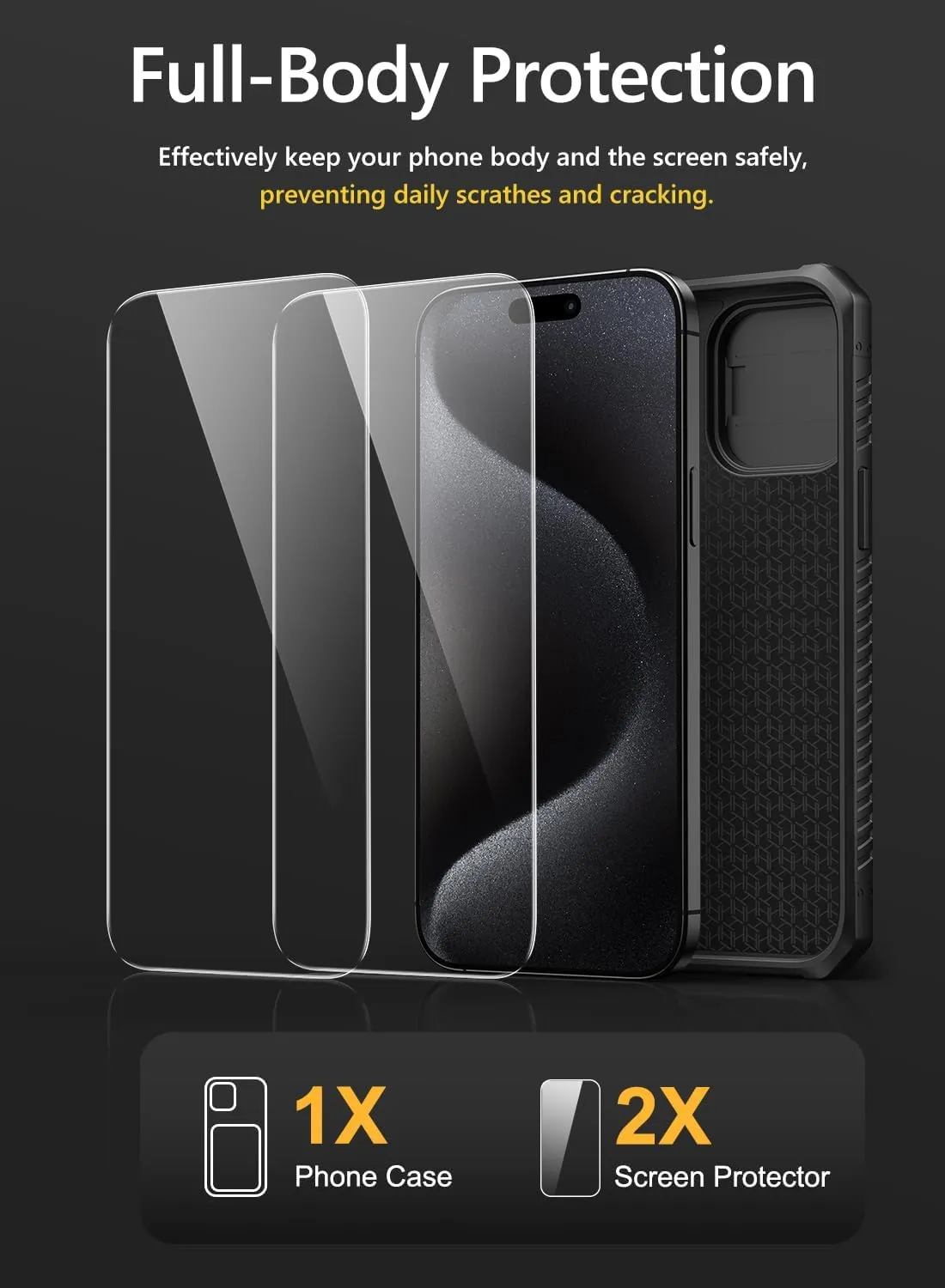 Vihibii for iPhone 15 Pro Max Case with Card Holder (4 Cards), Built-in 2X Tempered Glass Screen Protector & Slide Camera Cover & Kickstand, Military Grade Drop Protection, Rugged Wallet Case, Black