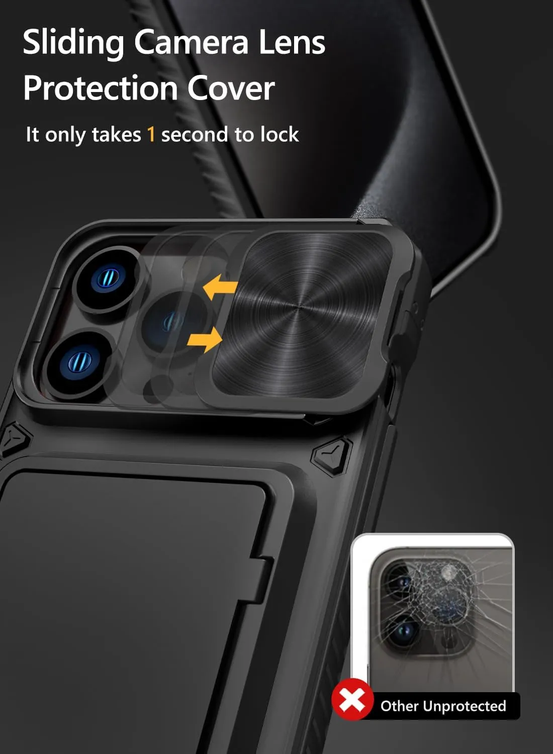 Vihibii for iPhone 15 Pro Max Case with Card Holder (4 Cards), Built-in 2X Tempered Glass Screen Protector & Slide Camera Cover & Kickstand, Military Grade Drop Protection, Rugged Wallet Case, Black