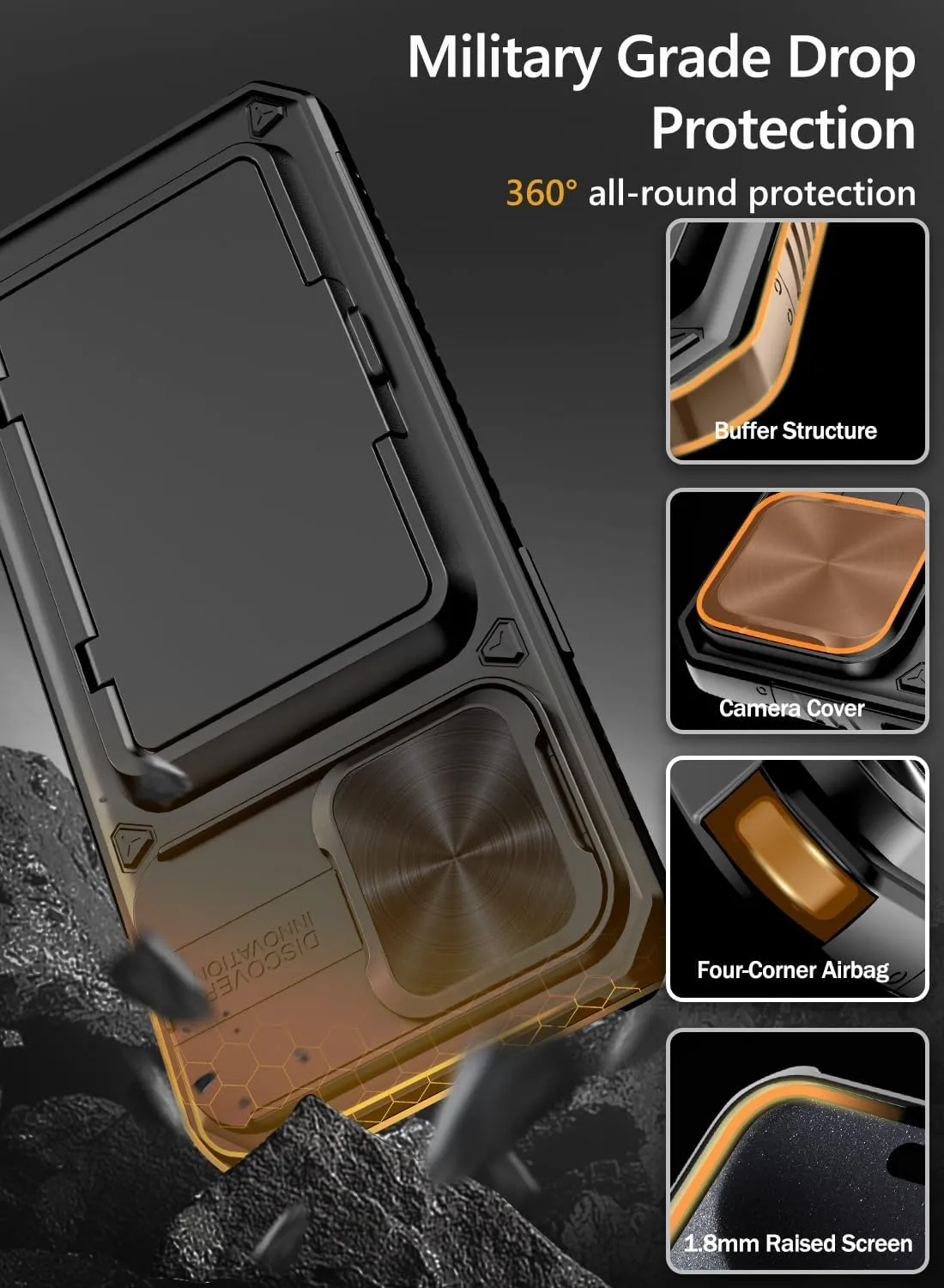 Vihibii for iPhone 15 Pro Max Case with Card Holder (4 Cards), Built-in 2X Tempered Glass Screen Protector & Slide Camera Cover & Kickstand, Military Grade Drop Protection, Rugged Wallet Case, Black