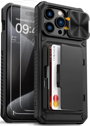 Vihibii for iPhone 15 Pro Max Case with Card Holder (4 Cards), Built-in 2X Tempered Glass Screen Protector & Slide Camera Cover & Kickstand, Military Grade Drop Protection, Rugged Wallet Case, Black