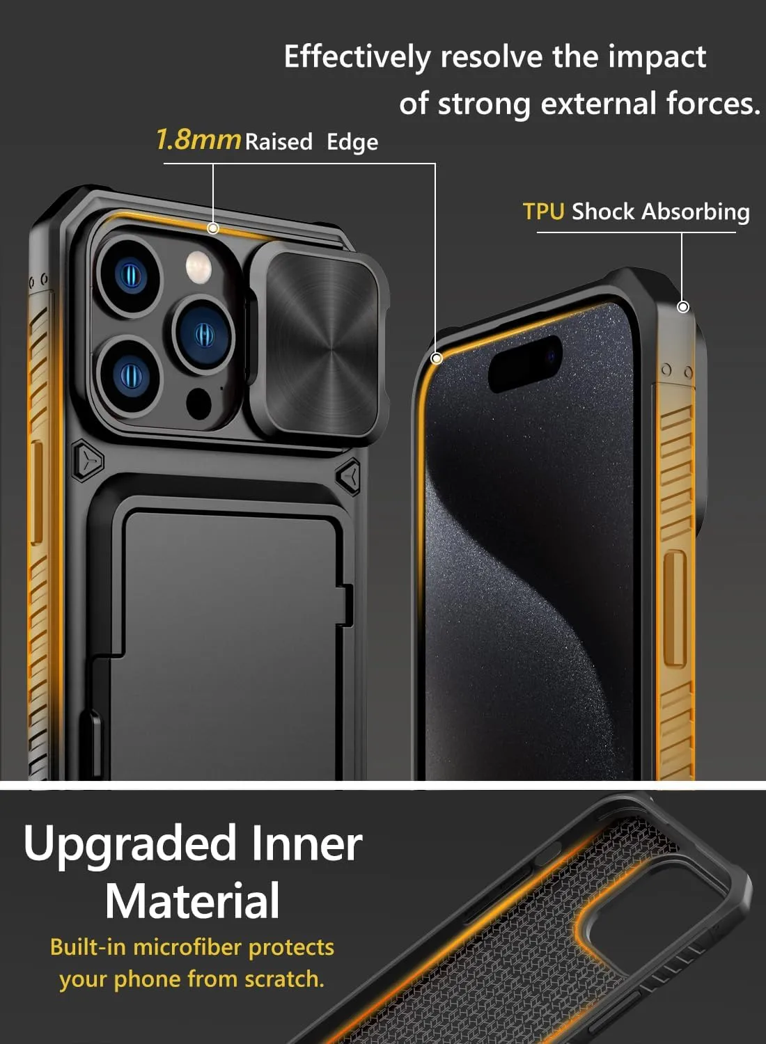 Vihibii for iPhone 15 Pro Max Case with Card Holder (4 Cards), Built-in 2X Tempered Glass Screen Protector & Slide Camera Cover & Kickstand, Military Grade Drop Protection, Rugged Wallet Case, Black