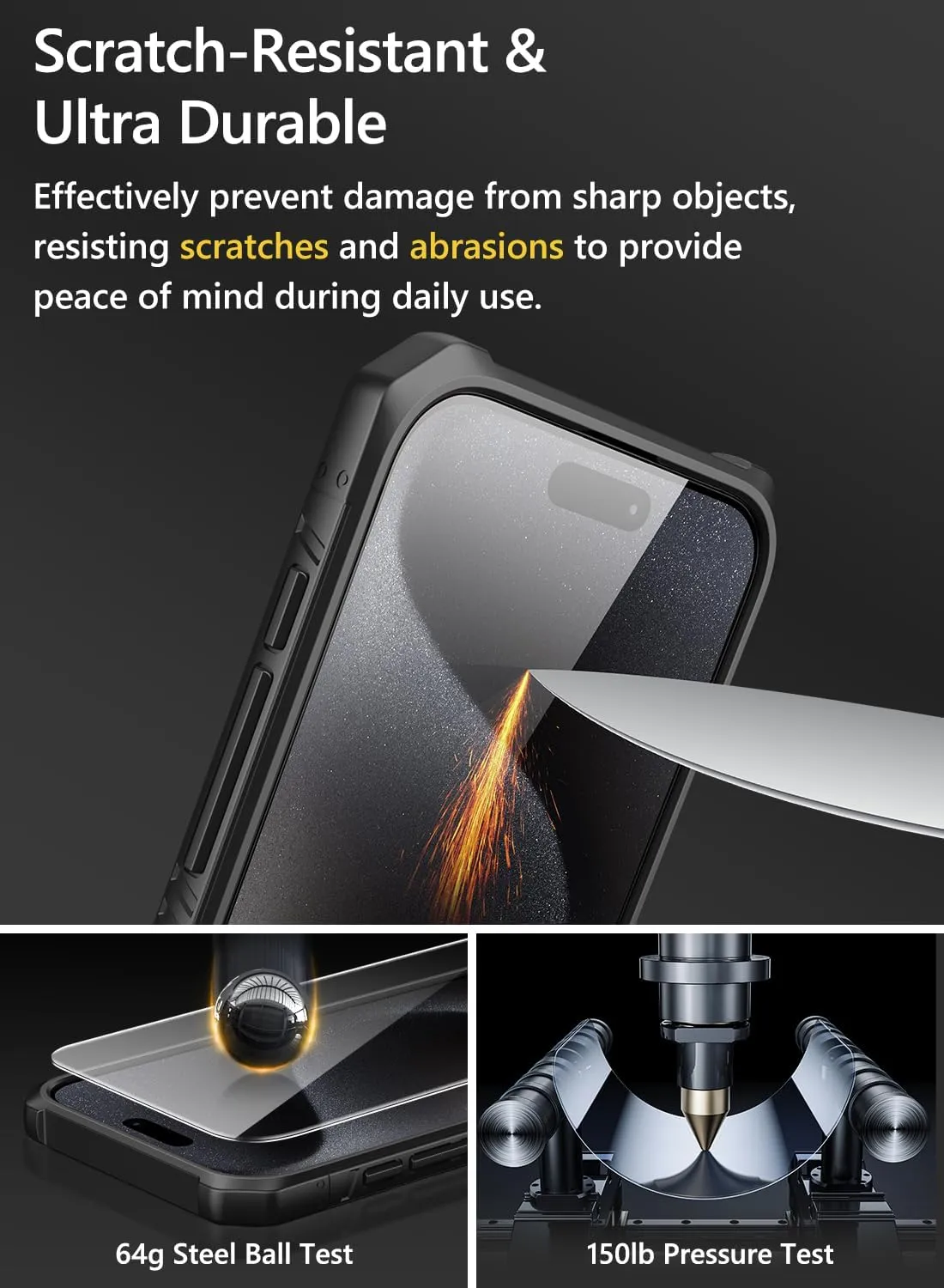 Vihibii for iPhone 15 Pro Max Case with Card Holder (4 Cards), Built-in 2X Tempered Glass Screen Protector & Slide Camera Cover & Kickstand, Military Grade Drop Protection, Rugged Wallet Case, Black