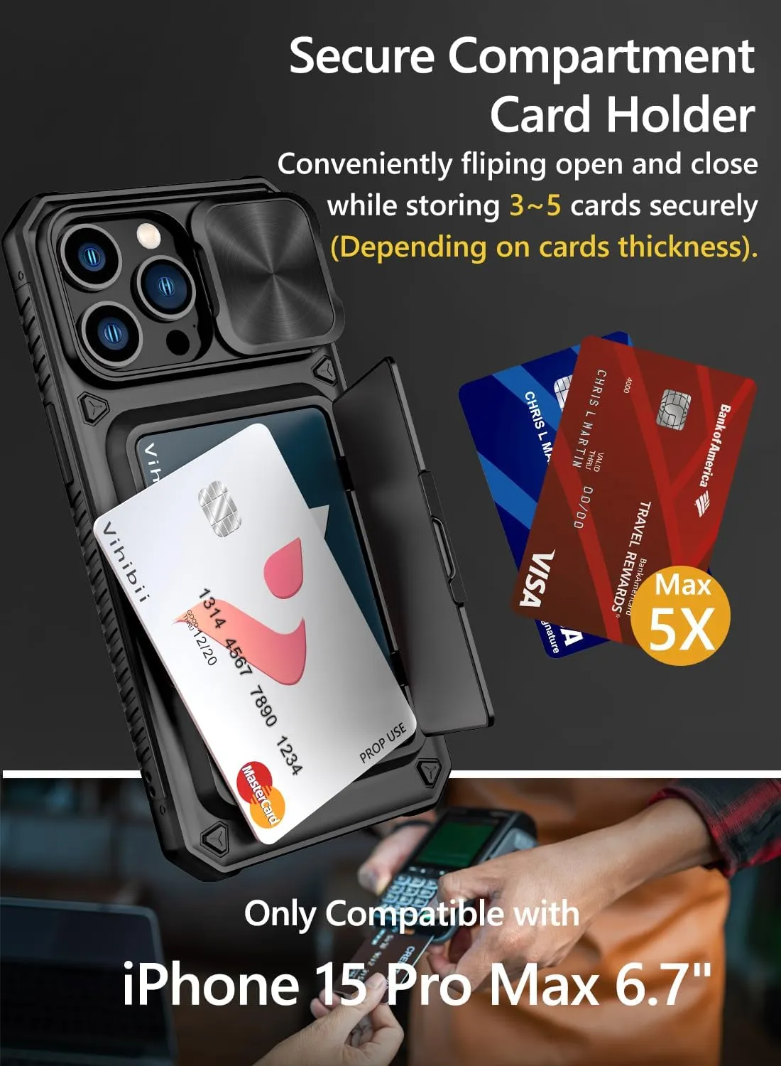 Vihibii for iPhone 15 Pro Max Case with Card Holder (4 Cards), Built-in 2X Tempered Glass Screen Protector & Slide Camera Cover & Kickstand, Military Grade Drop Protection, Rugged Wallet Case, Black