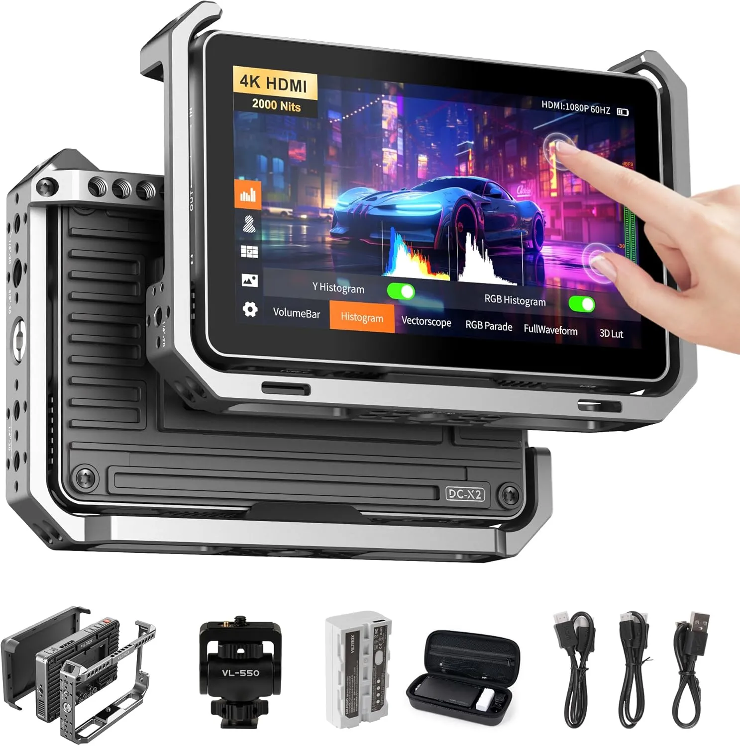 VILTROX DC-X2 2000 Nits Video Field Monitor with Rig Cage, 6 inch Touchscreen 4K HDMI in/Out On Camera Monitor with Sunshade Hood Battery, 1920X1080 HD Focus Peaking 3D Lut Full Waveform RGB Parada