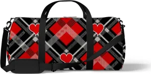 Vintage Black and Red Hearts Buffalo Plaid Sports Bag Tote Bag Waterproof Gym Bag with Shoulder Strap Zipper 2 Side Pockets for Men and Women, Travel and Storage Shoulder Bag.
