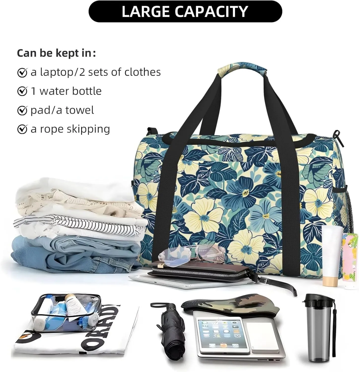Vintage Blue Flowers Travel Weekender Overnight Bags Foldable Hand Travel Bag Sport Gym Duffel Bag For Men Women