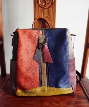 Vintage Colorblock Patchwork Calf Leather Backpack HJ1060